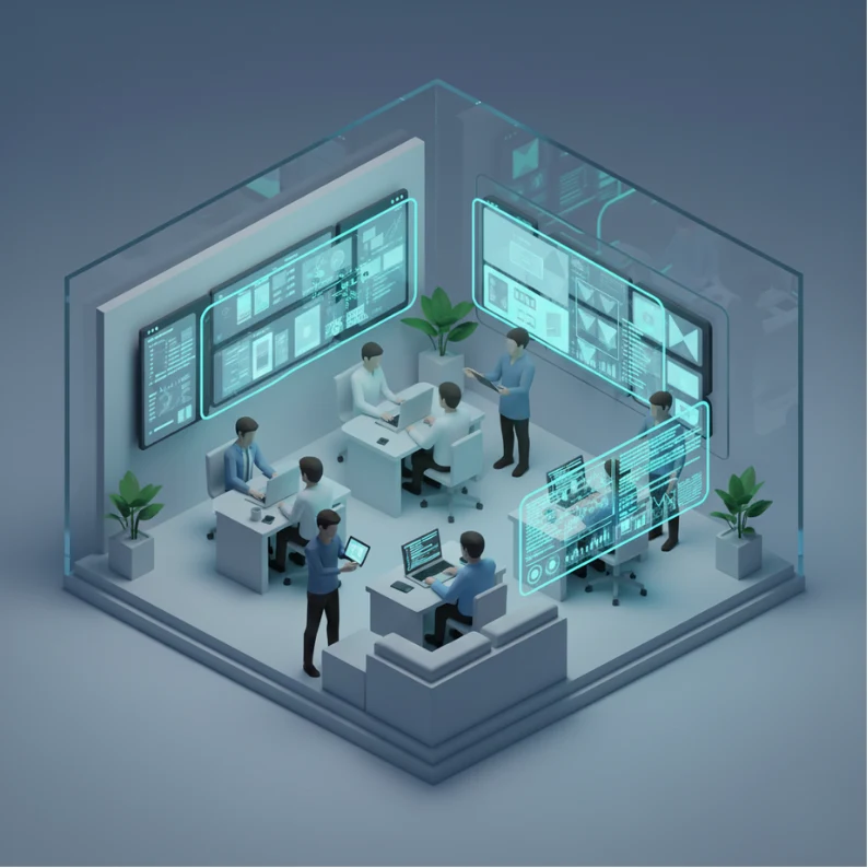 illustration of designers working on elegant, Korean-inspired UIUX layouts